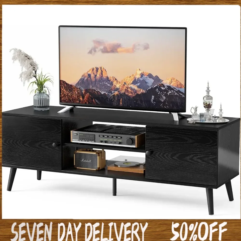 

TV Stand for 55 60 inch Television, Entertainment Center with Storage,2 Cabinet Media Console Table, Soft Hinge Door with Handle