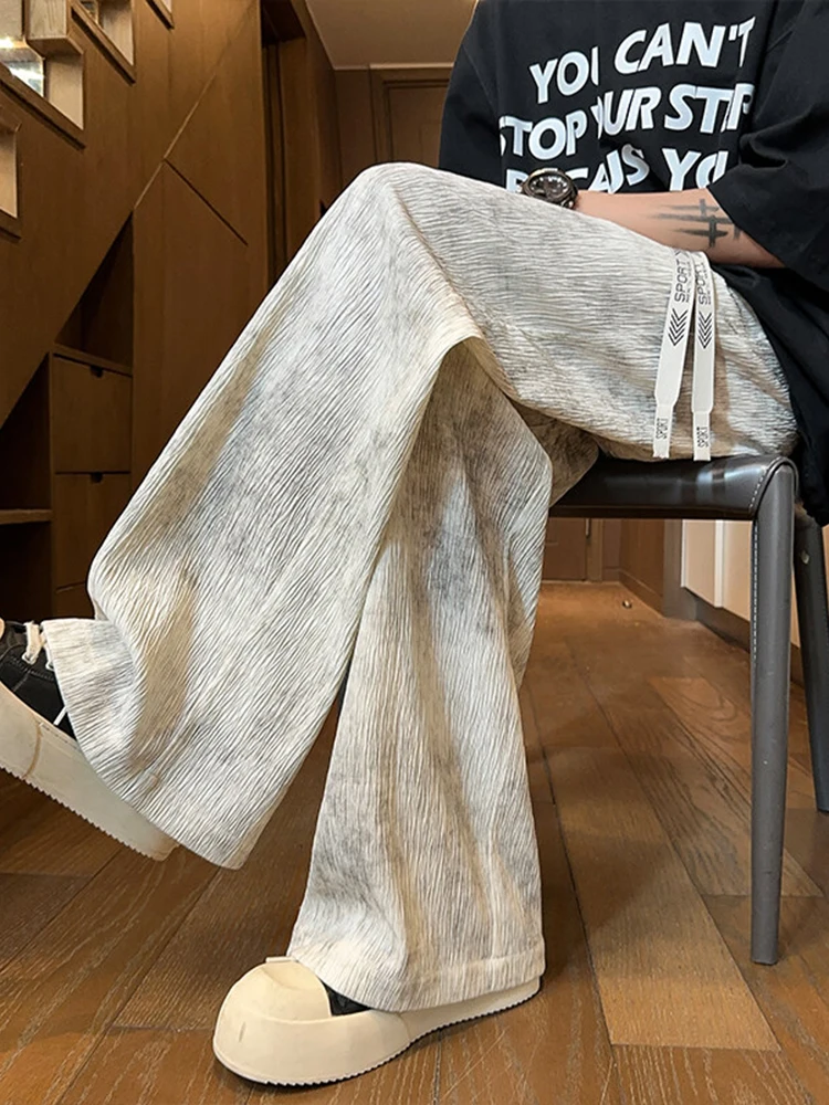 

Summer Thin Wide Leg Ice Silk Pants Men's Casual Straight Leg Dyeing And Bleaching Water-Based Ink Texture Loose Fit Trousers