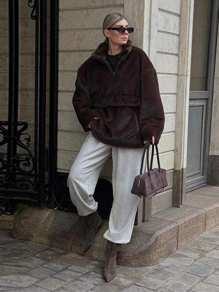 

Women Fur Coat Half Zip Faux Fur Jackets Oversized Flap Pocket Loose Fit Top Casual Streetwear Coats Woman Clothes Fashion Wear