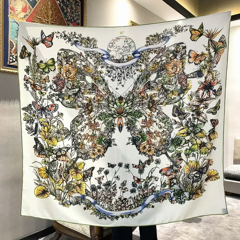 

High-end Elegant Women Exquisite Fresh Butterfly Double Sided Print Quality Silk Wool Hand-rolled Edge Large Square Scarf Shawl
