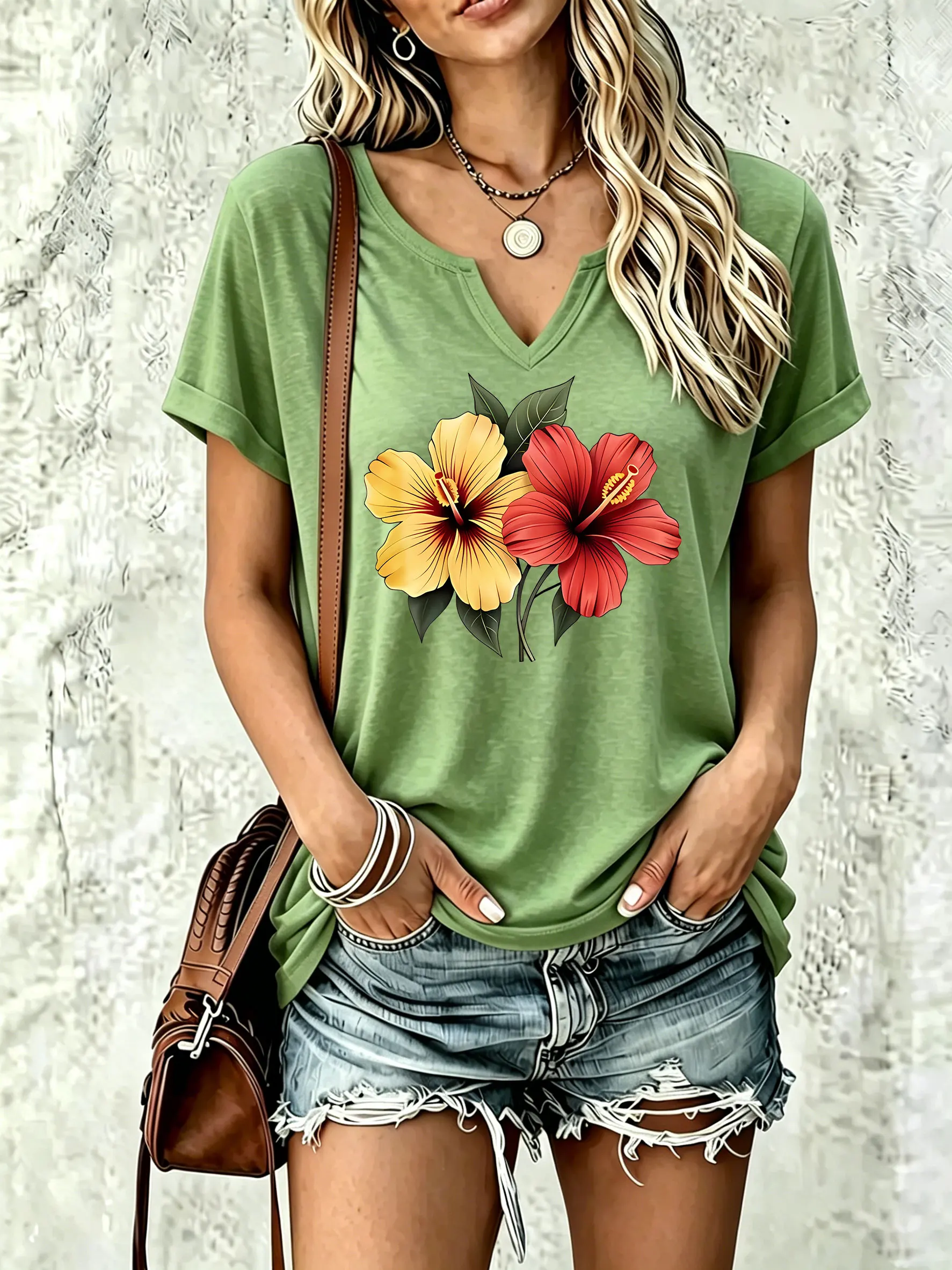 Damen-T-Shirt mit V-Ausschnitt und kurzen Ärmeln, leuchtendem Hibiskusblüten-Print und frischen grünen Blätterelementen, lässiges Sommer-T-Shirt – Detail 5