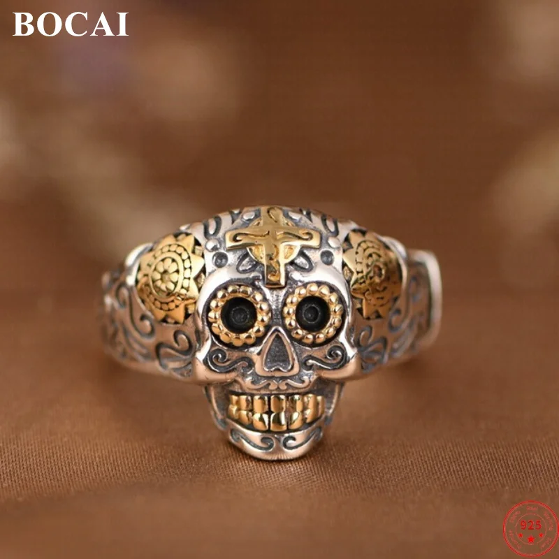 BOCAI S925 Sterling Silver Charms Rings for Men Women Retro Skull-head Eye of Golden Cross Pattern Fashion Jewelry Wholesale