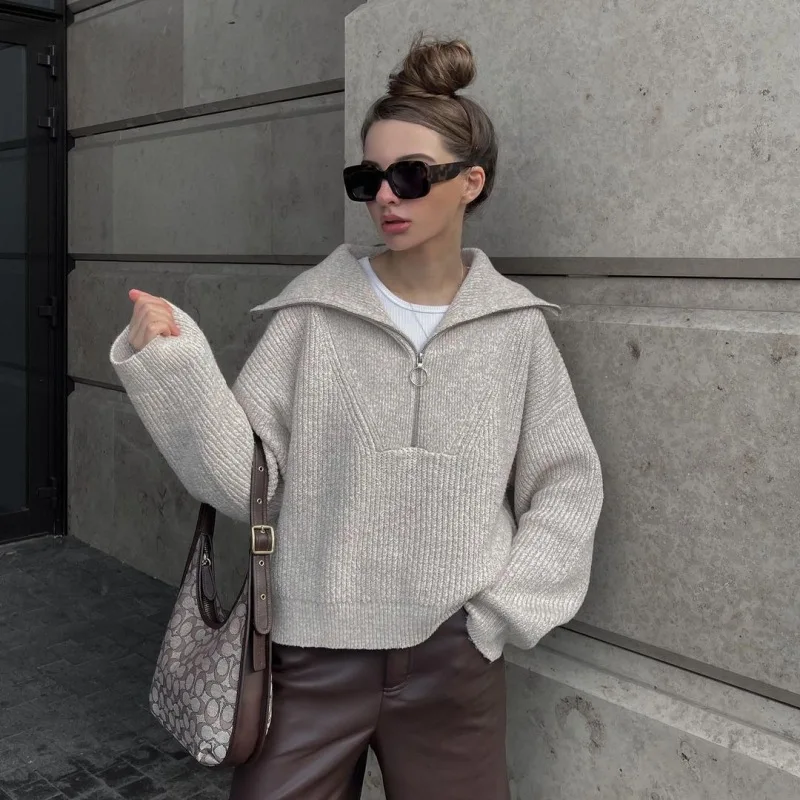 

2025 Women's Retro Knitted Sweater Long Sleeve Loose Fit Fashionable V-Neck Turn-over Collar Pullover Casual Fall Winter Casual