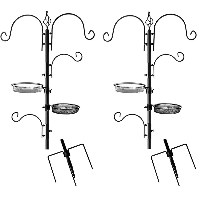 Deluxe Bird Feeding Station 2 Pack for Outside Multi Feeder Pole Stand Kit With 4 Hangers Bath and 3 Prong Base for