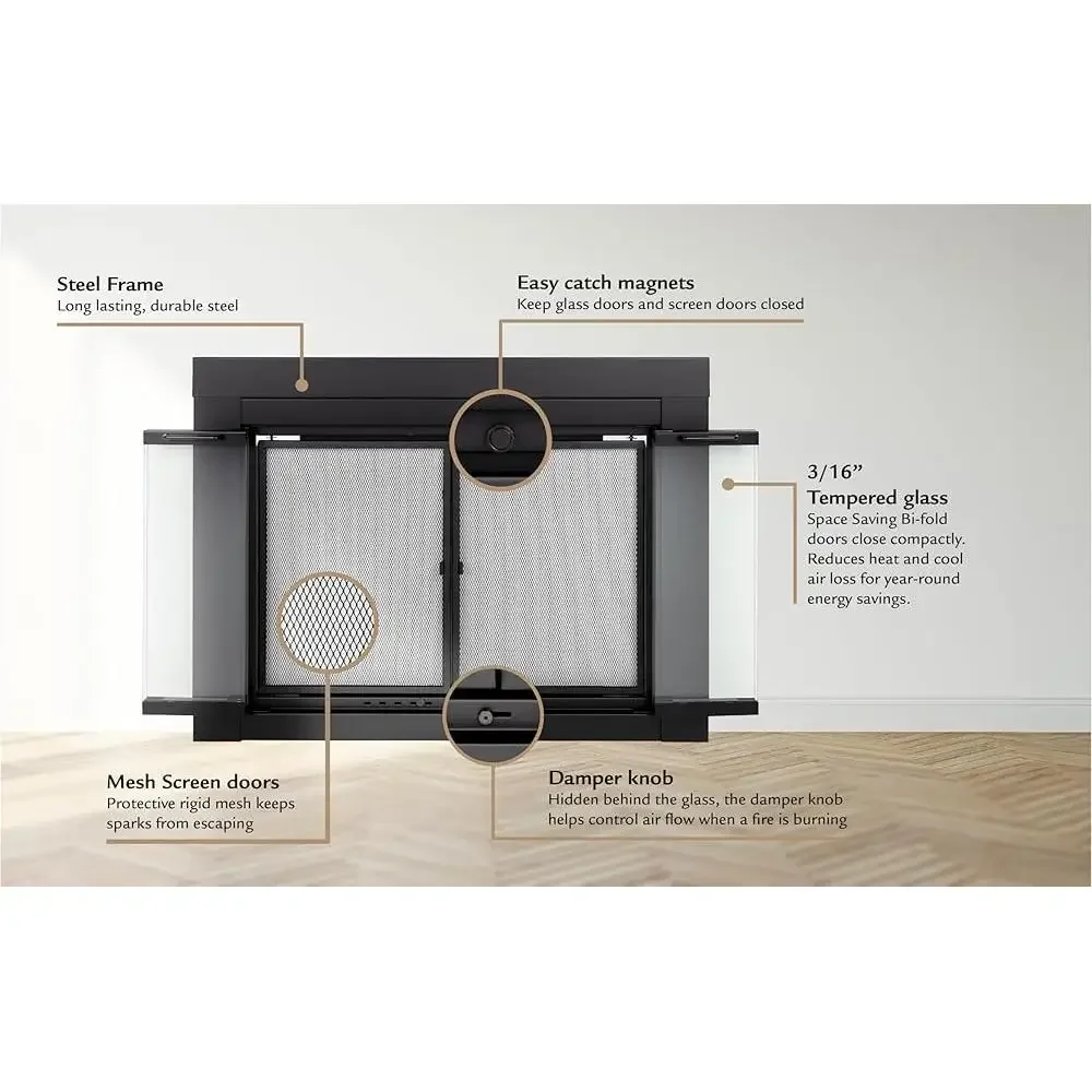 Small Black Fireplace Doors Tempered Glass Bi-Fold Design Clear View Air Control Slide Easy Grip Handles