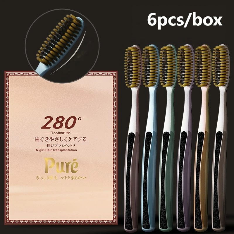 6-piece gift set of long-handle, wide-head toothbrushes with medium-hard bristles, efficient for teenagers. Suitable for family use and couples. A must-have gift for holidays, ideal for home use and hotel couples