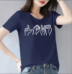 Cotton 100% Europe and United States Large Size LOVE Sign Language Pattern Printed Valentine's Day Short-sleeved T-shirt Blouse