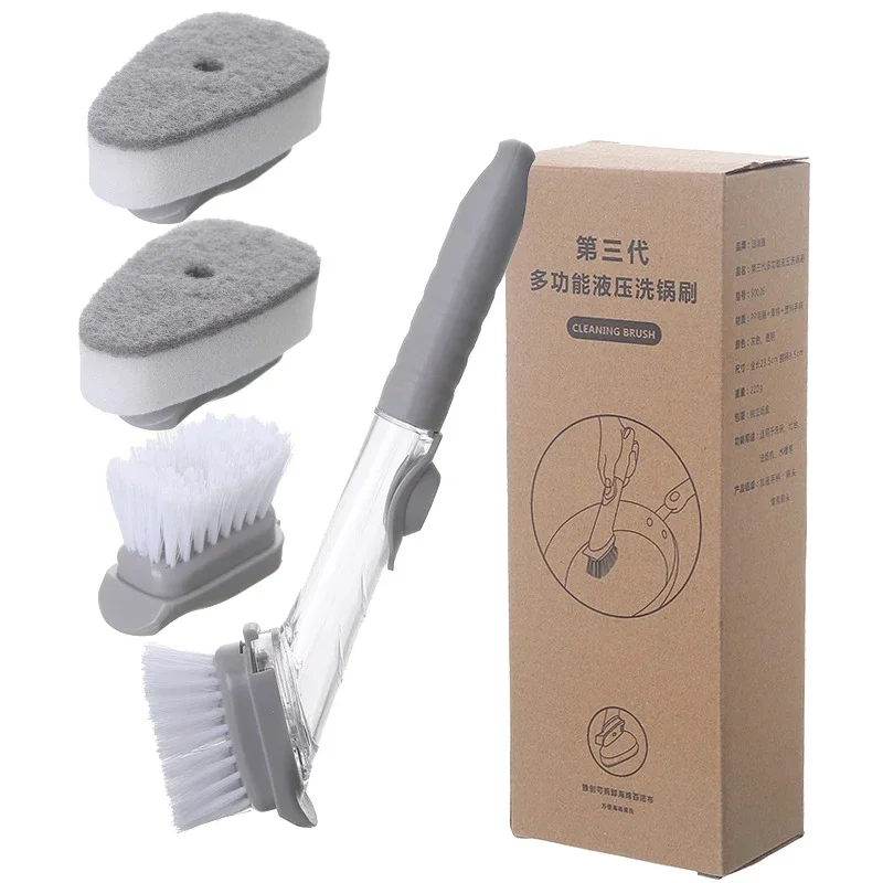 2-in-1 Multifunctional Kitchen Cleaning Brush with Replaceable Heads, Long Handle Hydraulic Pot Pan Scrubber for Dish Washing