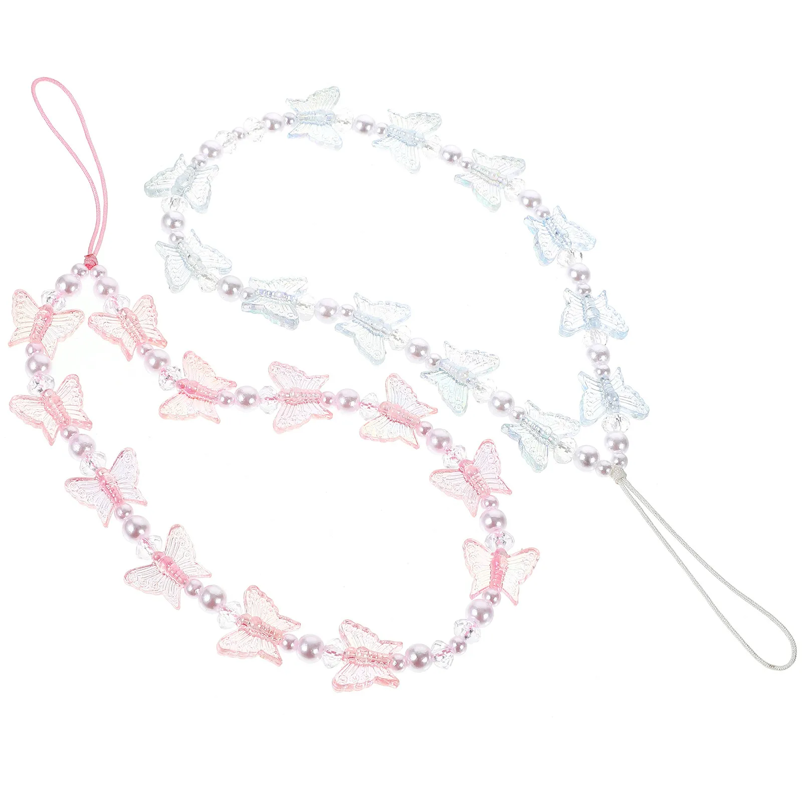 2Pcs Butterfly Pearl Beaded Phone Wrist Lanyards Mobile Charm Straps Anti-Lost Phone Chains Decorative Hanging Rope