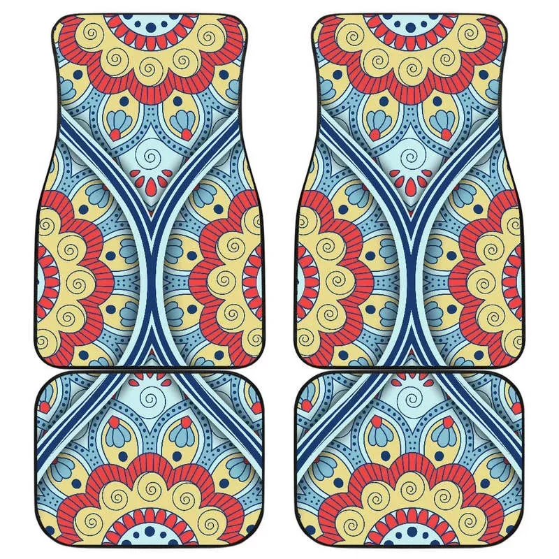 Pastel Ornament Mandala Print Front and Back Car Floor Mats Heavy Carpet Front and Rear Full Set 4PCs Pack