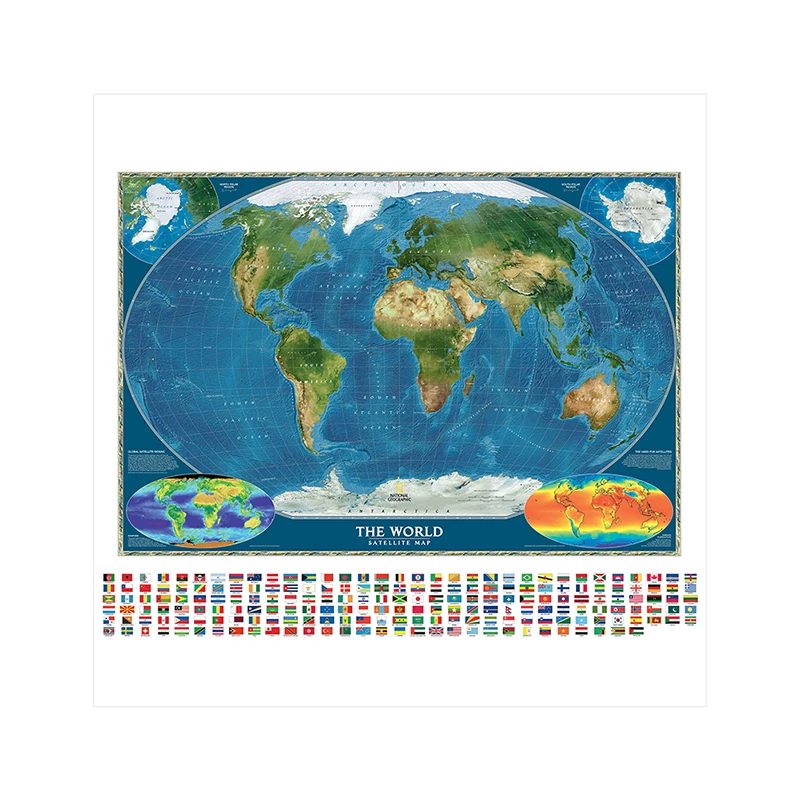 150X150cm Non-woven Spray World Map The World Satellite Map with Country Flag and Surface Temperature Map