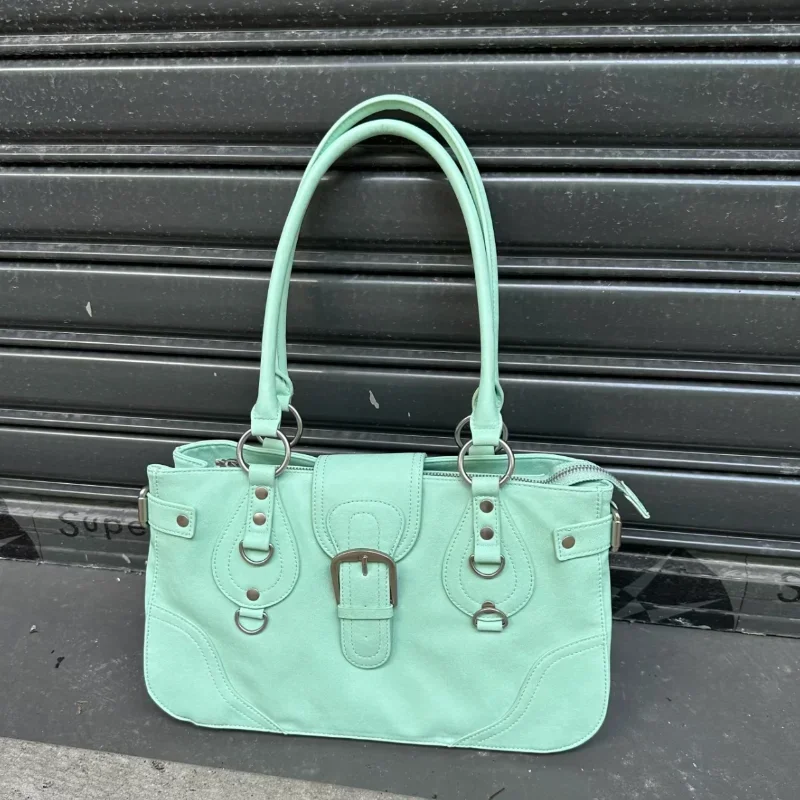Bolso Tote  Cuero PU con Remaches Estilo Y2K, Color Verde Menta Vintage, Gran Capacidad, Bolso  Hombro Moderno y Sencillo pa