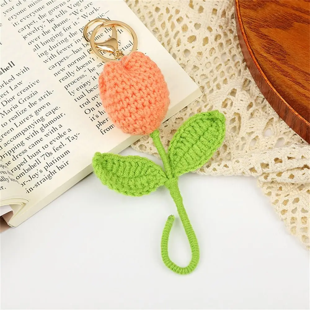 Girl Women Handmade Knitted Keychain Sweet Cute DIY Craft Crochet Flowers Plant Tulip Weaved Keyrings Wedding Gifts