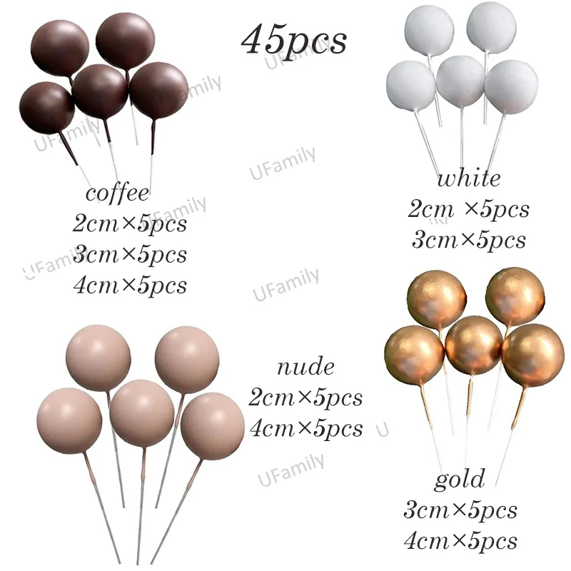 45pcs/set Coffee Gold Balls Cake Topper 2-4cm size Boho Birthday Cake Decor Ball for Baby Shower Wedding Party Cake Supplies