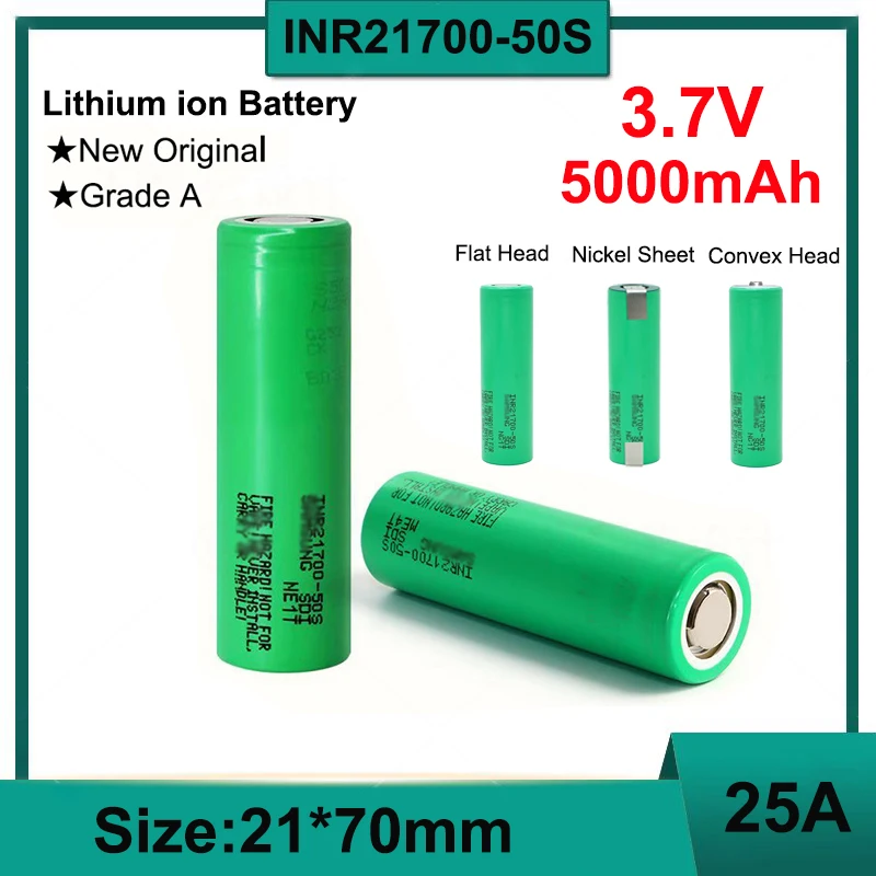 3.7V 5000mAh Li-ion Battery Original A-level NIR 21700 50S High-power 5C 25A Discharge Max 45A for Flashlights Electric Vehicles