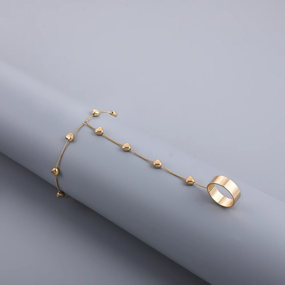 Dainty Heart Pendant Chain Bracelet Link Connected Gold plated Wide Finger Ring Bracelets for Women Link Hand Harness Jewelry