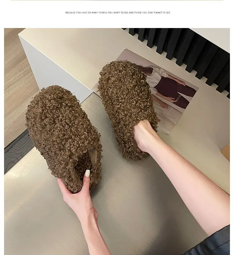Thick Heel Luxury Lambwool Mules Winter Shoes Woman Flip Flops Flat Cover Toe Slides Ins Warm Curly Lamb Fur Slippers Women