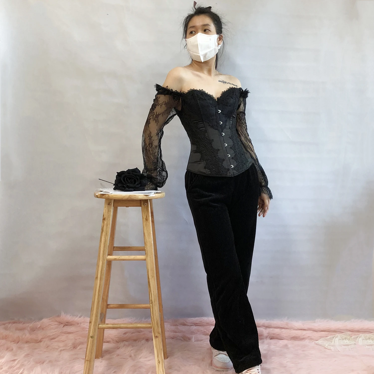 Lace Long Sleeves Waist Bustier Top Gothic Victorian Overbust Corset Vintage Basques Off Shoulder Corselet