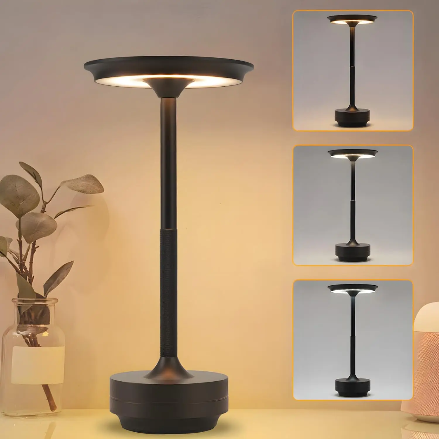 Tischlampe Akku Nachttischlampe - Led Kabellos Tischleuchte Aufladbar Touch Dimmbar Schwarz Eampe mit USB Batterie für Modern Wohnzimmer Schlafzimmer Outdoor