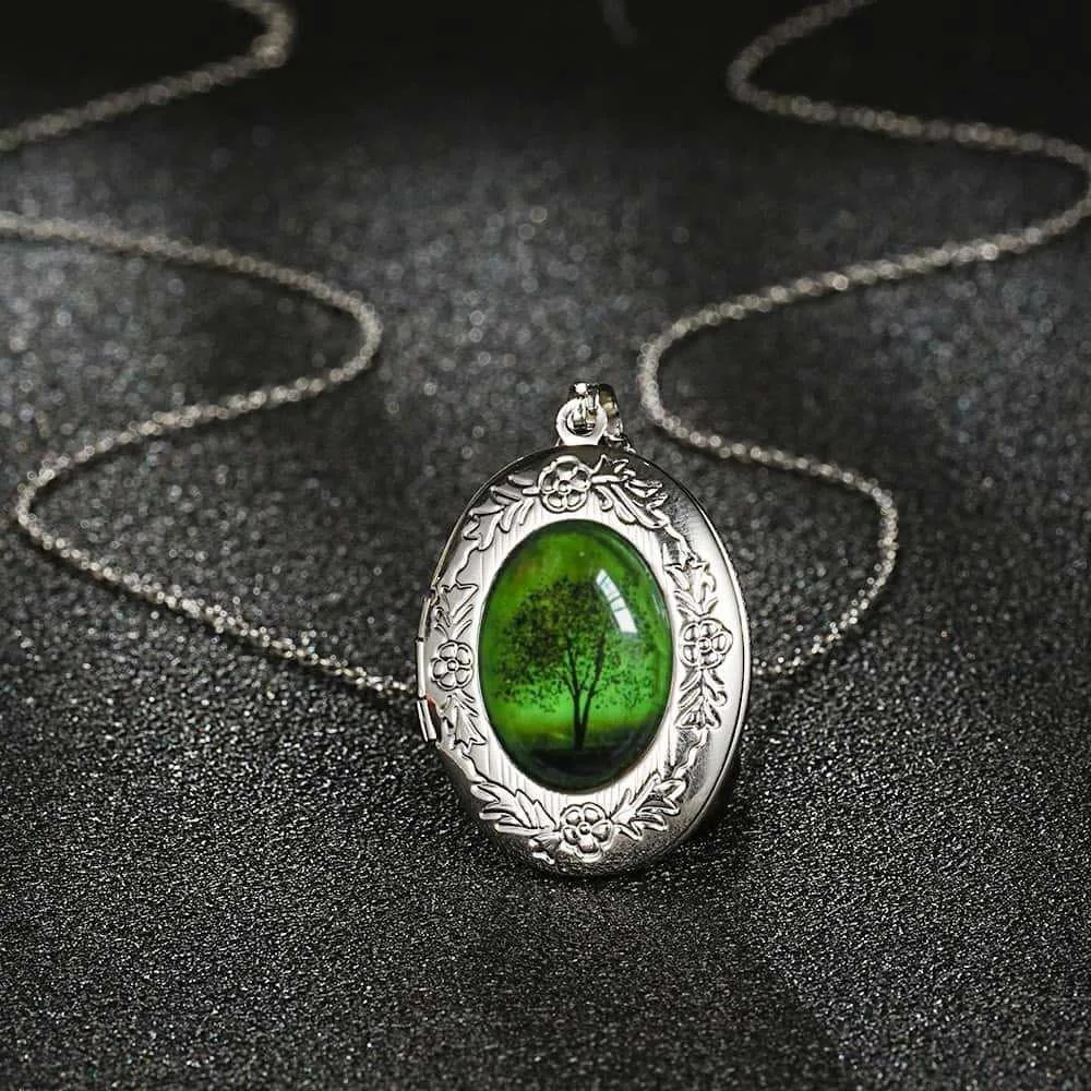 Nuevo Collar con Medallón Ovalado Abrible con Grabado del Árbol de la Vida, Luminoso, en Tono Plateado, para Mujer, Adorno para el Cuello, Joyería