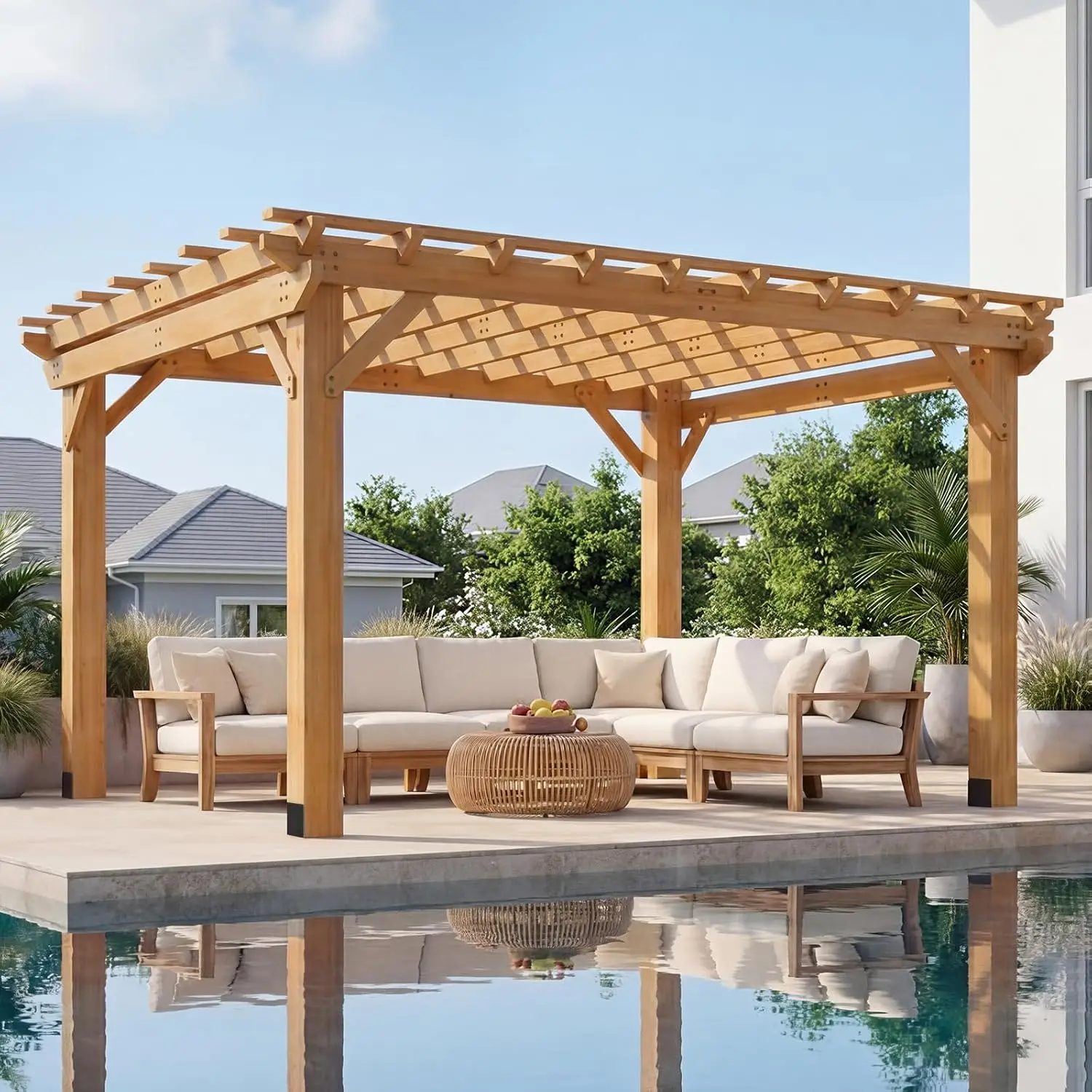 Cedar Wood Pergola 10x12, Multi-Level Trellis Roof,100MPH Wind Rating