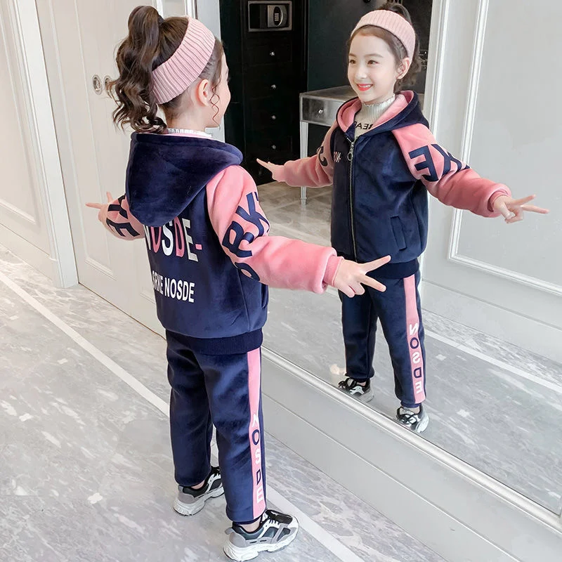 Girls Suit Coat+Pants Cotton 2Pcs/Sets 2023 Velvet Thicken Spring Winter Sports Sets Tracksuit Uniforms Children Clothing