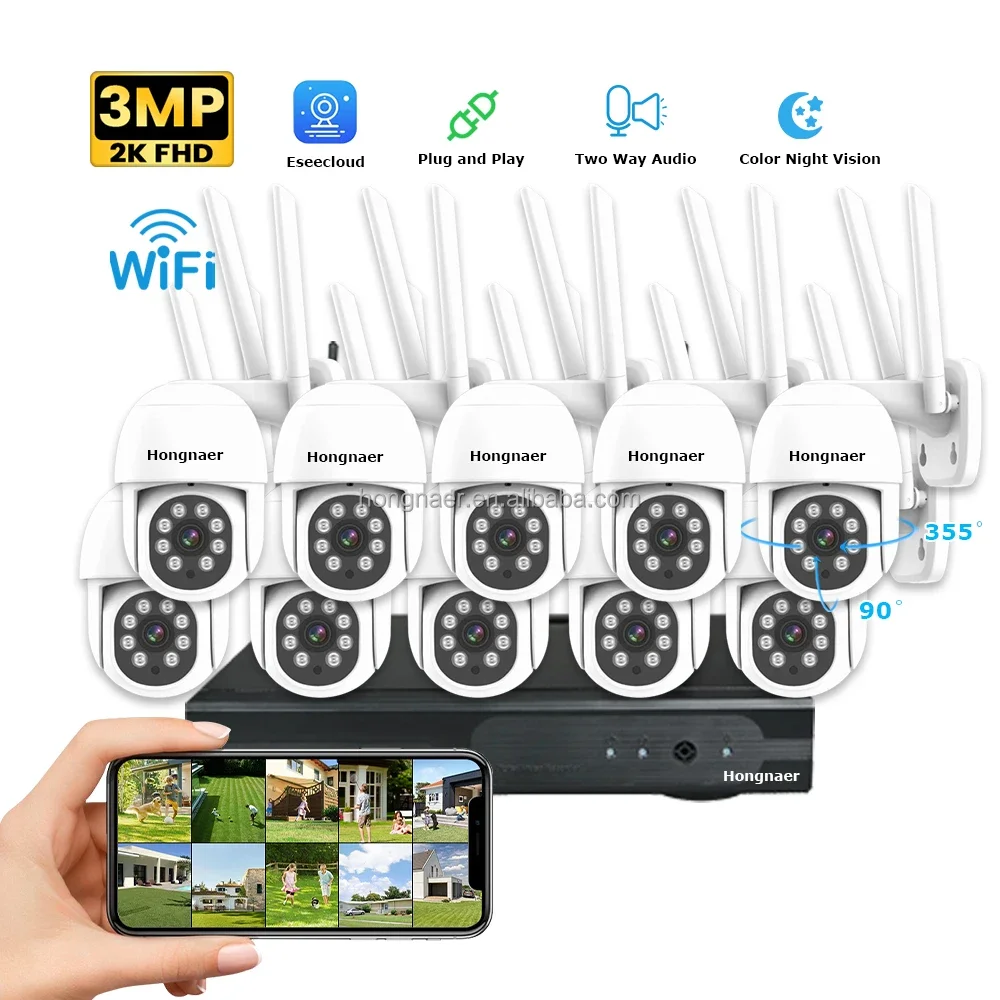 2026 Hongnaer 3MP 10 Channel Outdoor Video Home Security IP NVR CCTV WiFi PTZ Camera Kit Set System Eseecloud Wireless Surveil S