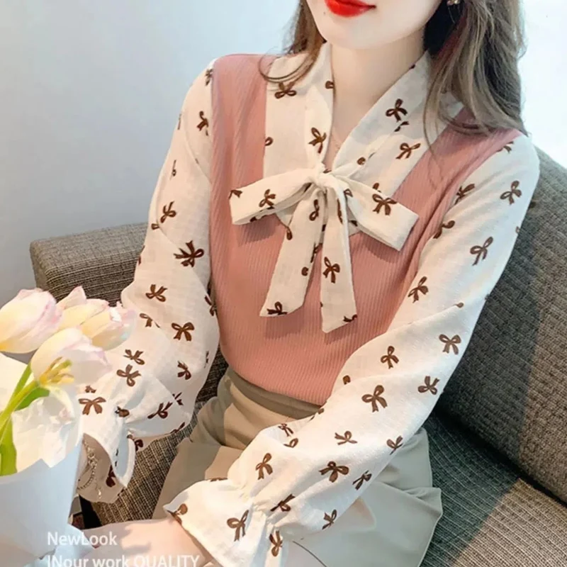 Spring Autumn Fake Two Pieces Blouse Women V-neck Fashion Long Sleeve Pullovers High Street Bow Patchwork Printing All-match Top