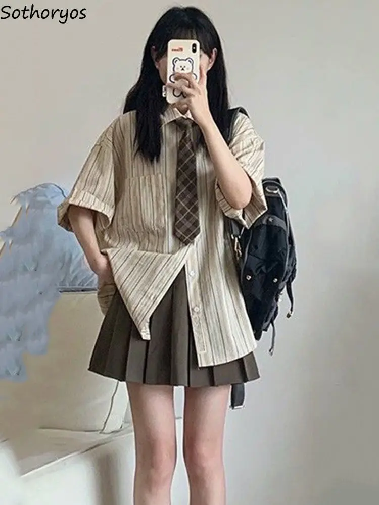 

Shirts Sets Women Design Simple Striped Preppy Style Retro Stylish Skirts Pleated Summer Mini Ulzzang Basic Casual Students Ins