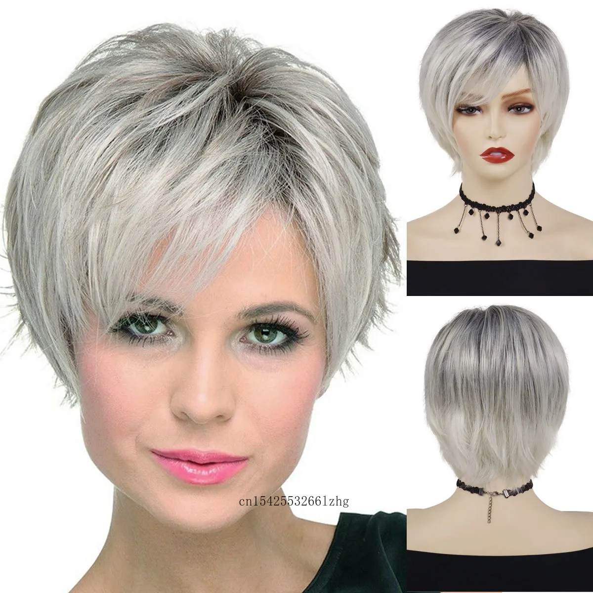 

GNIMEGIL Synthetic Ombre Grey Women Haircut Short Straight Female Wigs with Side Parting Bangs Cosplay Natural Heat Resistant