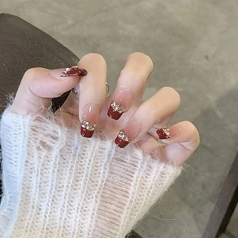 

10pcs 2026 Red Press on Nails Aesthetic French Fake Nails with Design Reusable Adhesive Nail Tips Self-adhesive Stick-on Nails