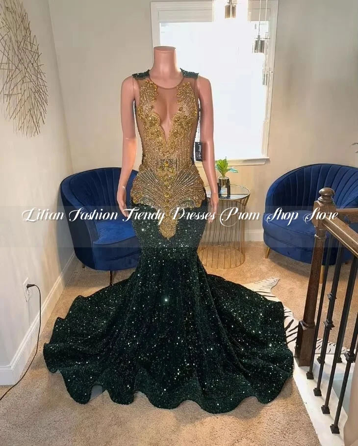 Hunter Green Luxe Galajurk Galajurken voor Zwart Meisje Sparkly Diamond Velvet Zeemeermin Avond Aangepaste robe bal soirée