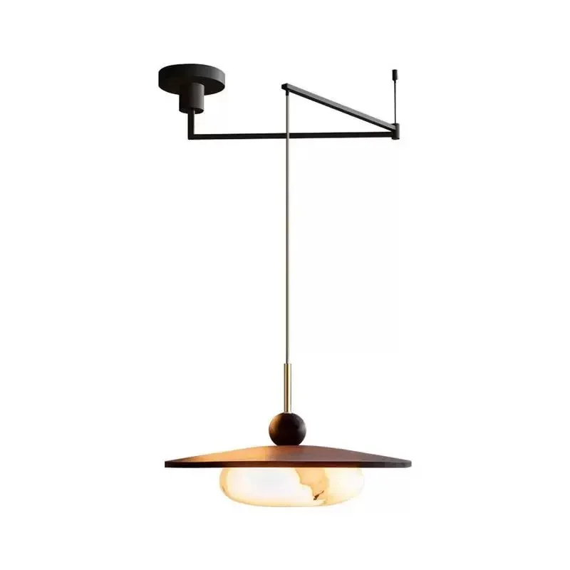 Nordyckie drewniane lampy wiszące LED, szklany żyrandol imitujący marmur, do restauracji, pokoju do nauki, salonu, lampa sufitowa z ruchomym ramieniem. — 2