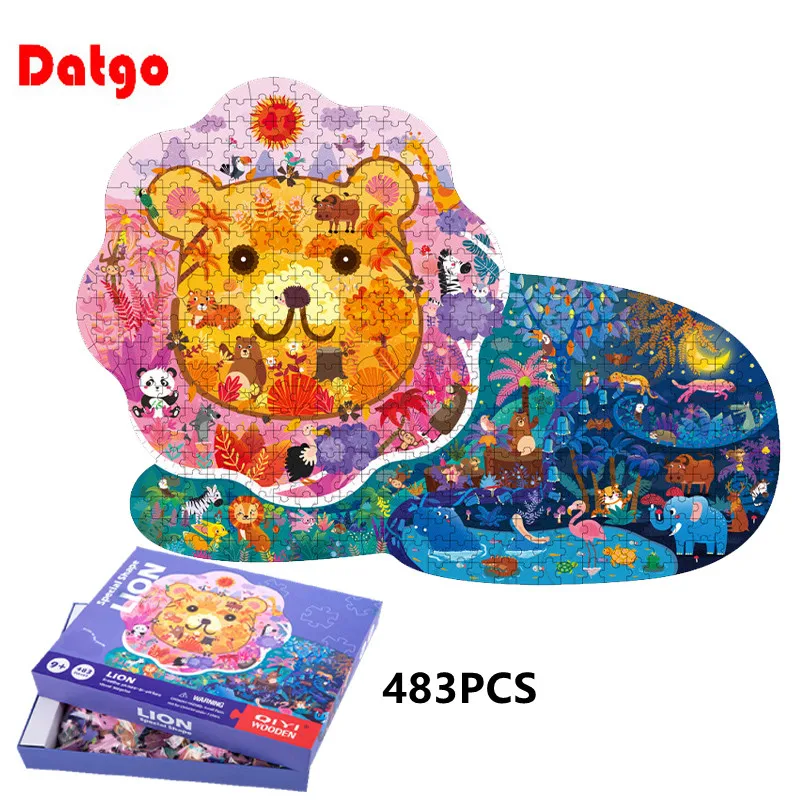 Kids Montessori Fun Puzzles Game 3D Wooden Dinosaur Lion Dolphin Jigsaw Paper Early Educational Adult Art Puzzle Toys