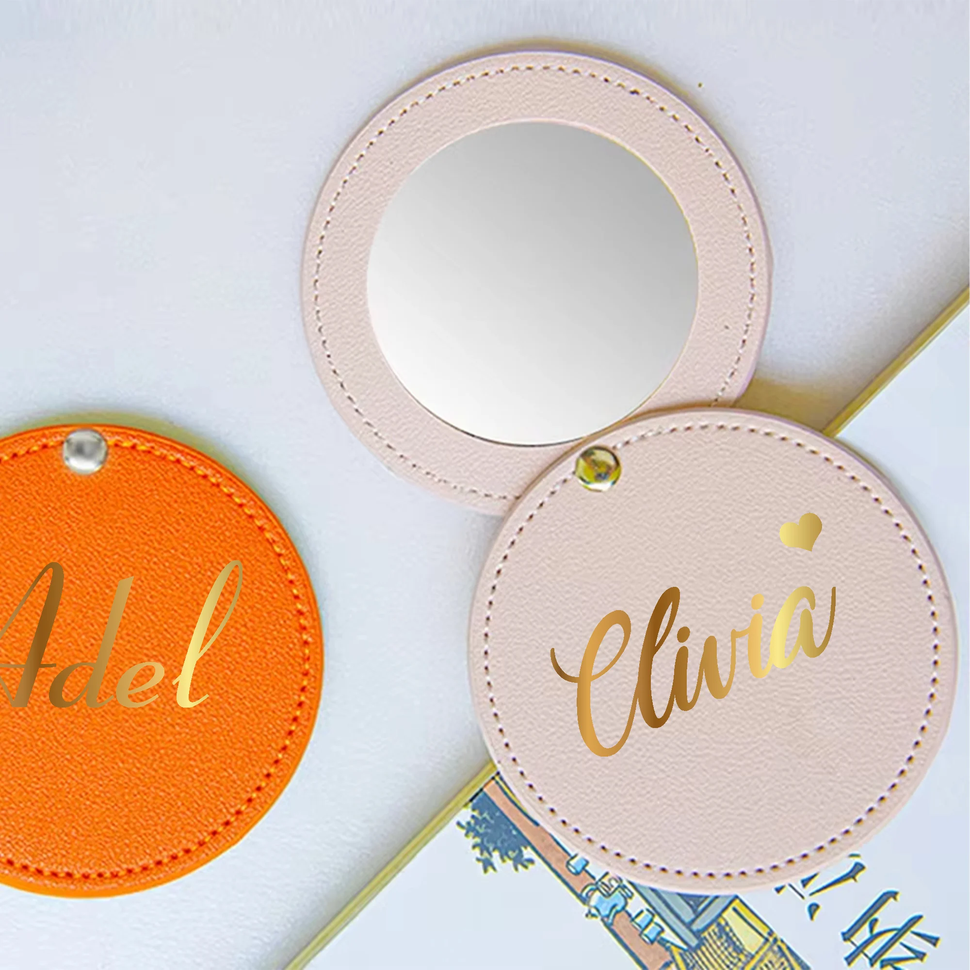 Personalized Initials Round Leather Rotating Makeup Mirror Student Portable Mirror Wedding Bridesmaid Gift For Her Name Engraved