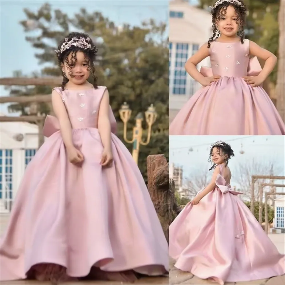

Luxury Customized Flower Girl Dress For Wedding Satin Appliques Sleeveless Elegant Puffy Kids Birthday First Communion Ball Gown
