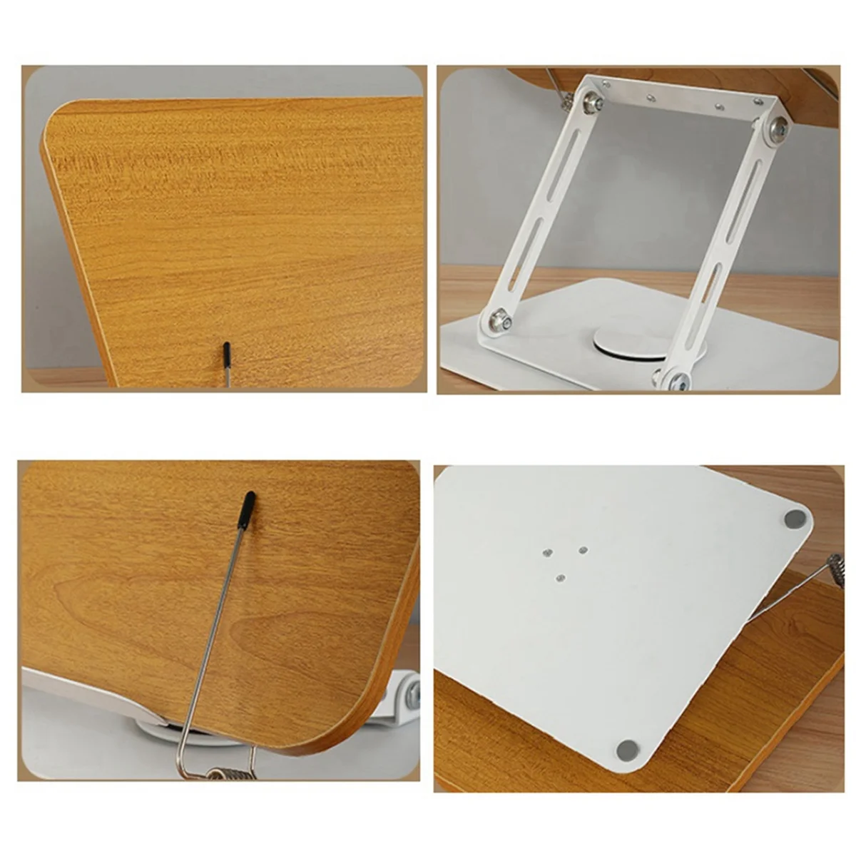 360°Rotating Base Book Stand Holder for Reading Hands Free Foldable Book Display Stand with Paper Clips Wood Panel Stand