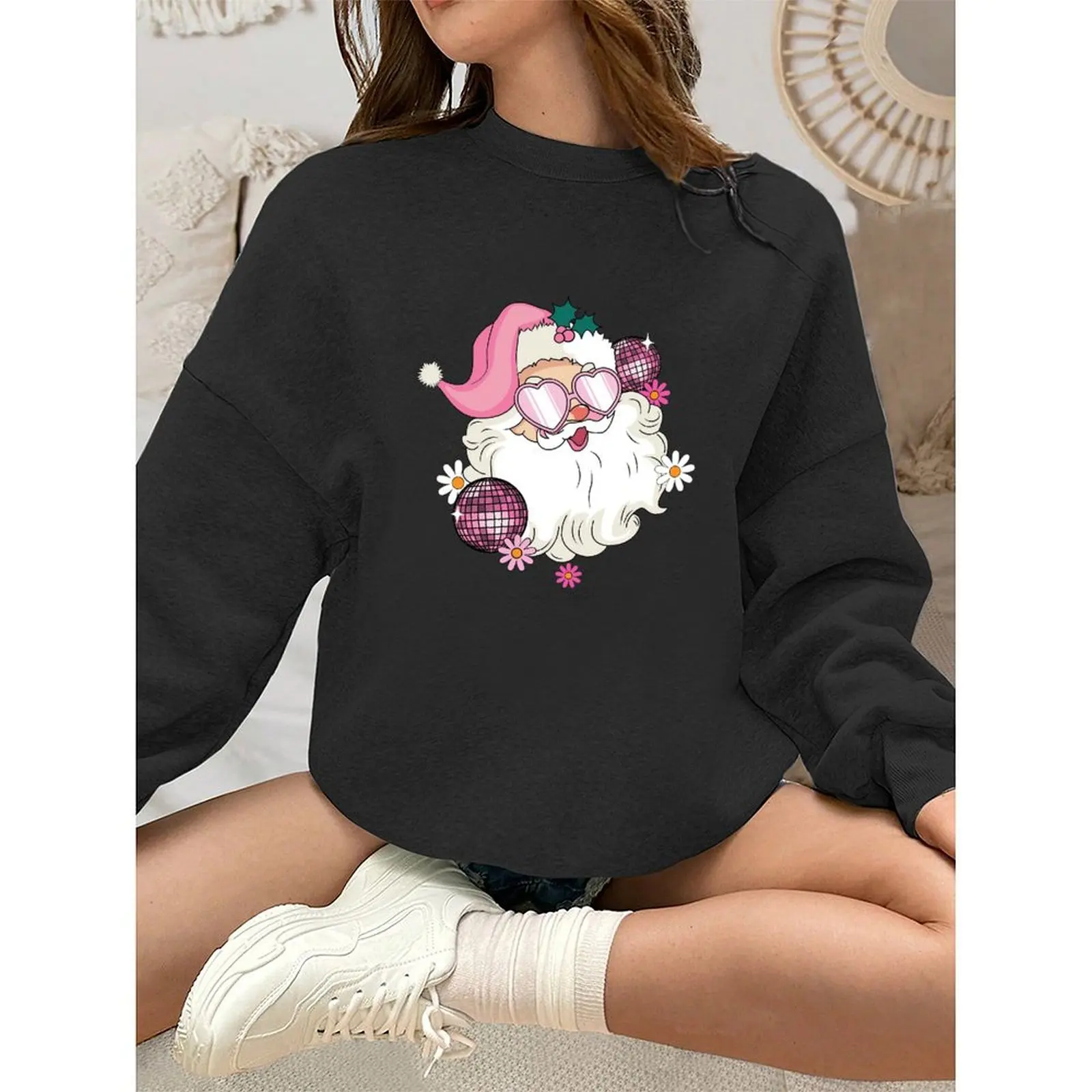 

O-Neck Sweatshirt Velvet Winter Casual Loose Comfort Christmas Printed Pattern Sweater Warm Loose Fashion Pullover Woman Clothes