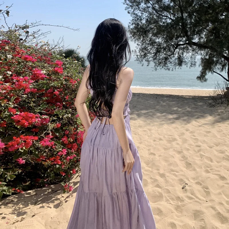 Summer Maxi Dresses for Women Hollow Out Backless Tie Dye Boho Floral Long Dress Beach Party Vacation