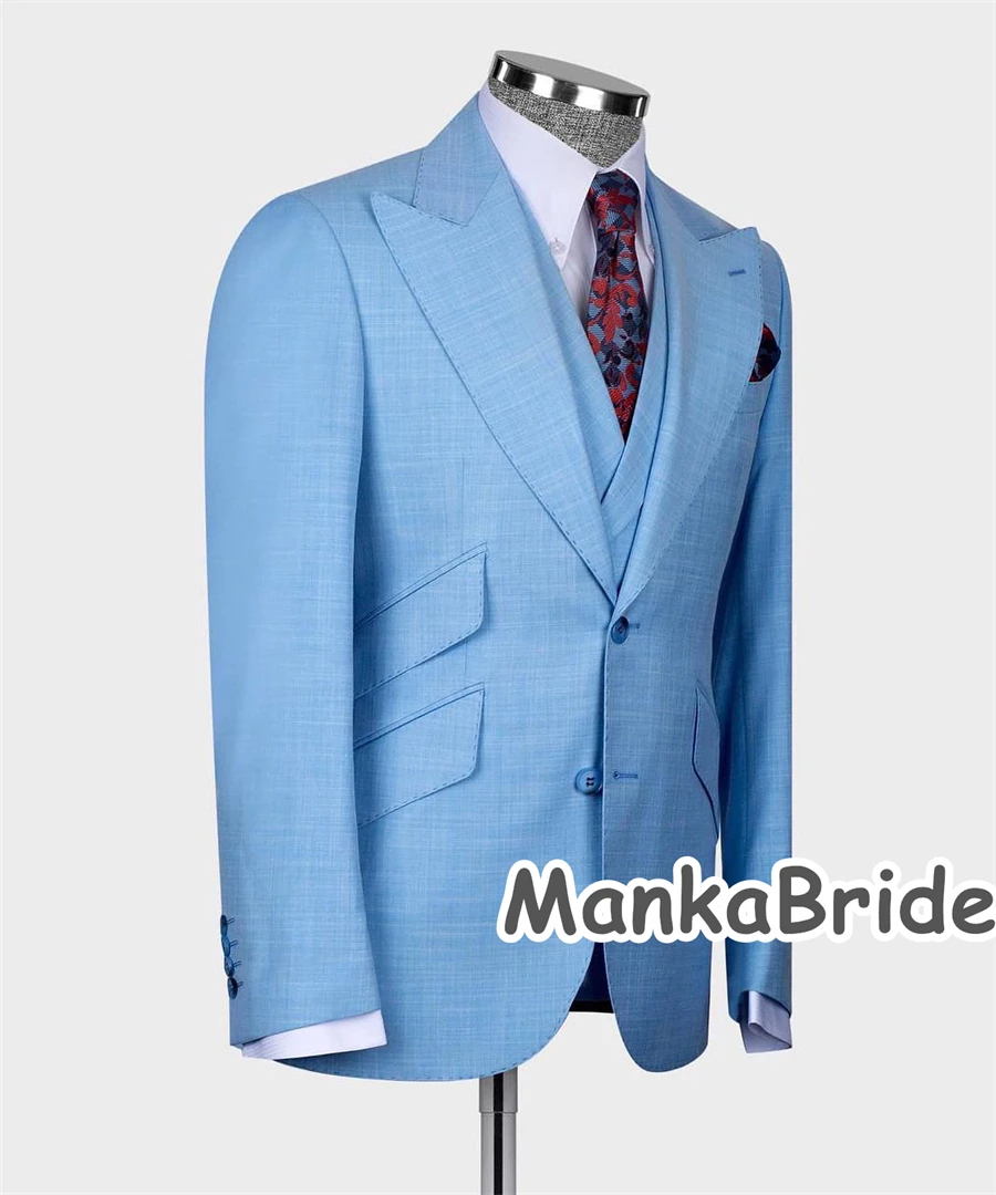 Classic Blue Full Men's Suit 3pcs Blazer Vest Pants Slim Fit Business Wear Formal Wedding Groomsmen Tuxedo Costume homme