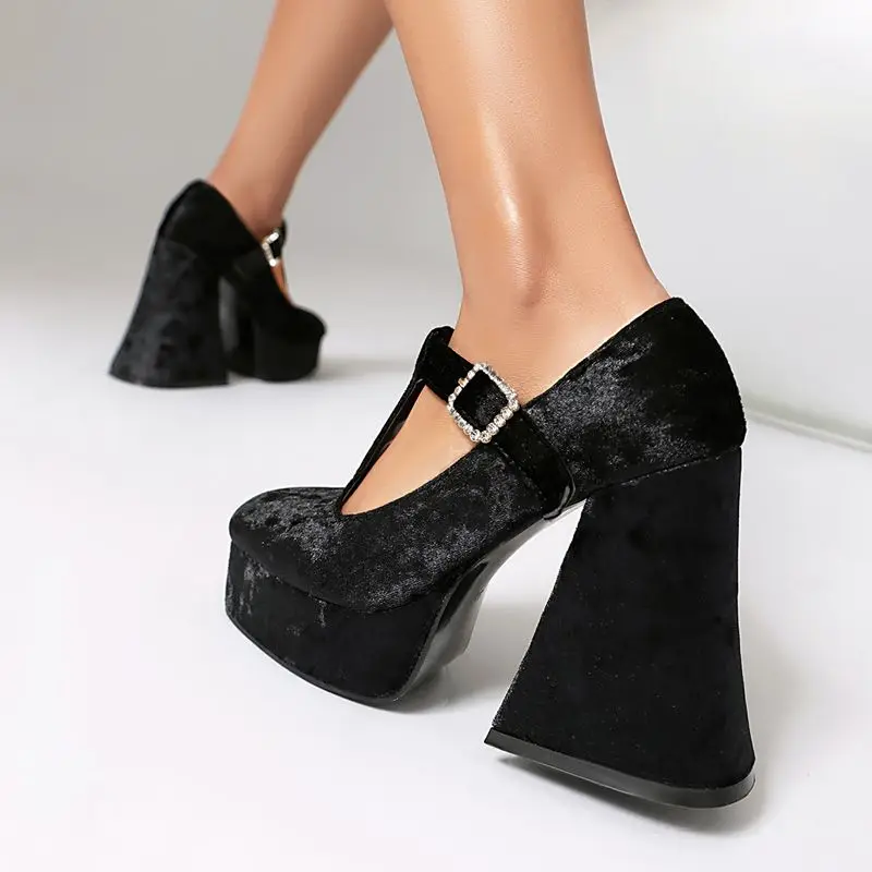 

SIMLOVEYO Women Pumps Detail Fashion Big Size 43 Red Black Round Toe 12cm Block Heel Platform T-Strap Buckle Crystal High shoes