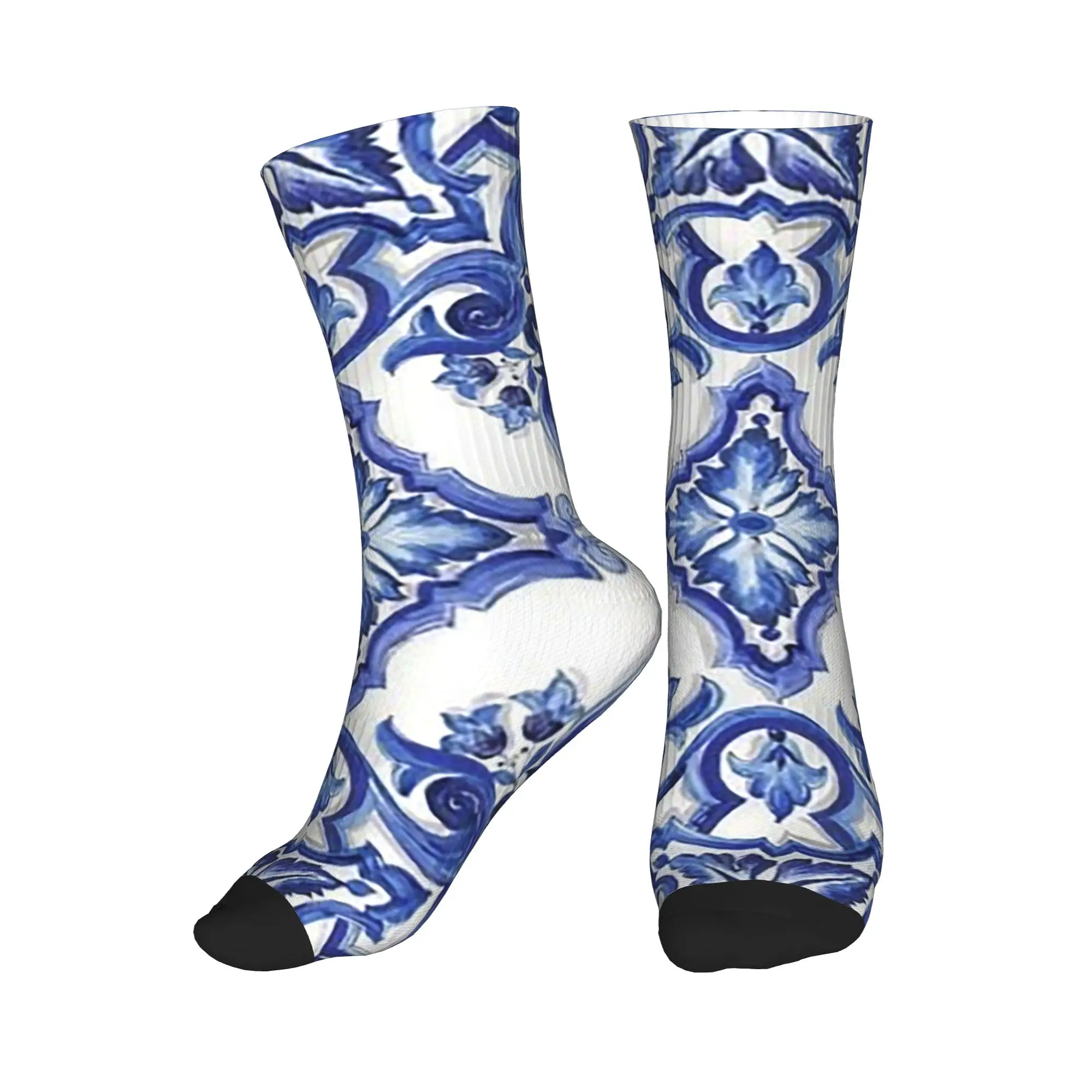

All Seasons Blue Ornate Floral Mediterranean Sicilian Tile Sport Middle Tube Socks Crew Socks Fashion Stockings for Men Women