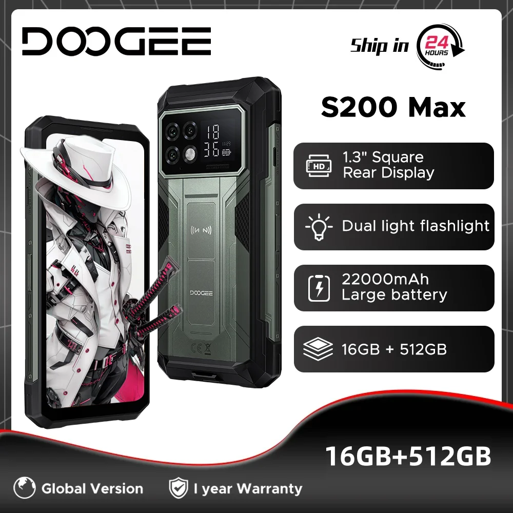 DOOGEE S200 Max Rugged Phone 36GB 512GB 22000mAh Battery 66W Dual light flashlight 1.32" Rear Display 108MP Camera Android 15