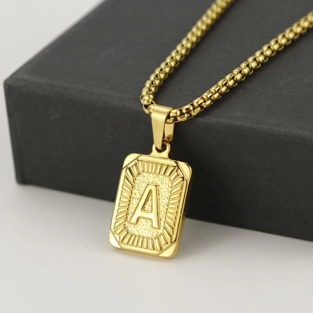 

2023New 26 Letter Necklace Hip Hop Fashion Square A-Z Jewelry Necklace Stainless Steel Nameplate Pendant Necklace Men Women Gift