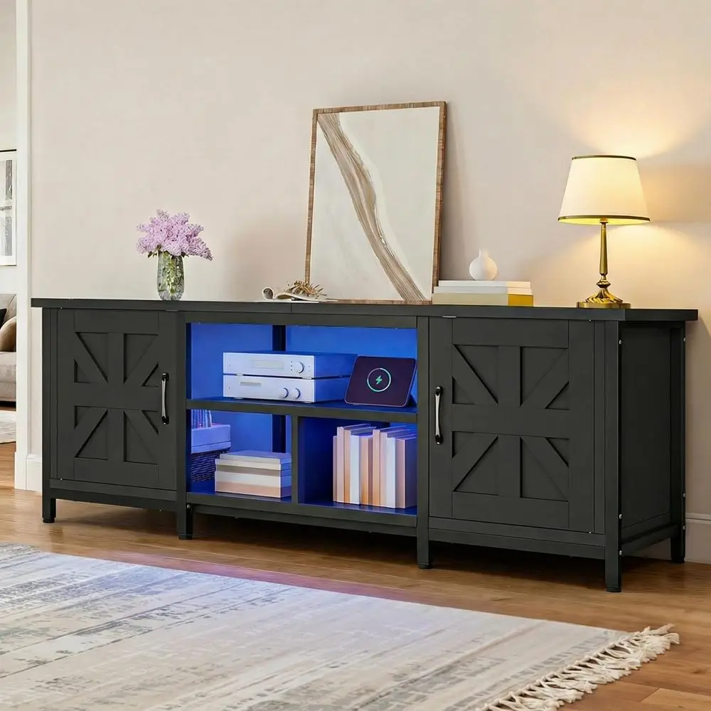

armhouse TV Stand with Power Outlet & LED Lights, TV oles or TVs up to 70'', Entertainment Center with Storage Cabior Living Roo