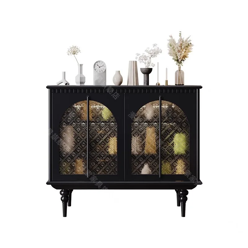 

French entrance cabinet retro solid wood storage decorative glass door with sensor light