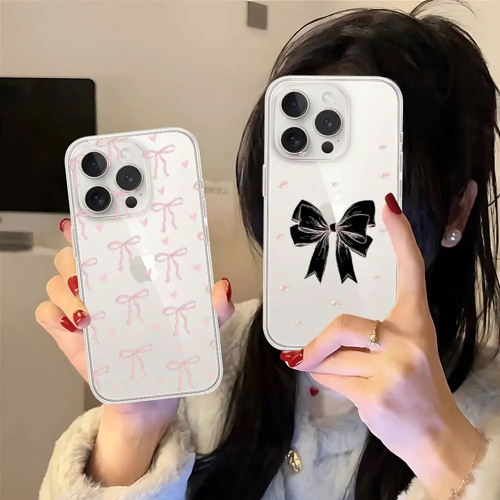 Cute Pink Heart Bow Phone Case For IPhone 17 16 15 14 Plus 13 12 11 Pro Max Phone Back Cover Transparent Shockproof Cover