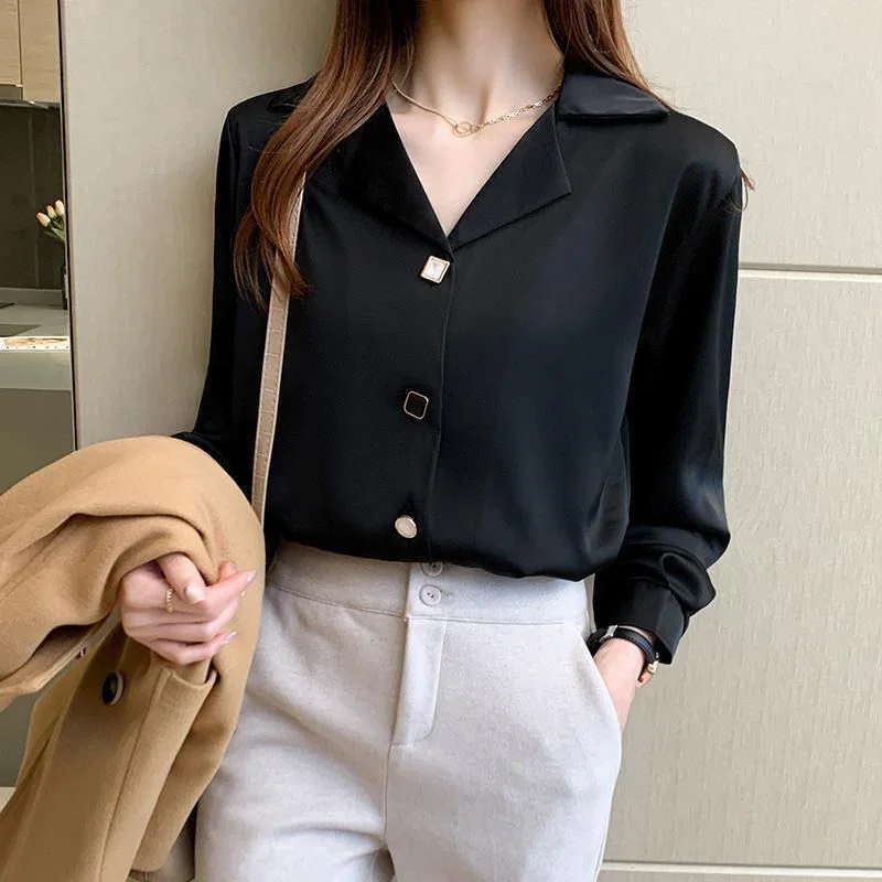 Spring Autumn Elegant Women Shirts 2024 Solid V Neck Buttons Chiffon Blouse Loose Casual Korean Trendy Black Straight Mujer Tops