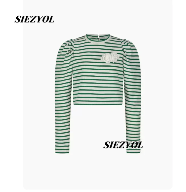 Bubble Long-sleeved T-shirt Spring and Autumn New High-end Japanese Sweet Temperament Flower Striped Crew Neck Short Tops