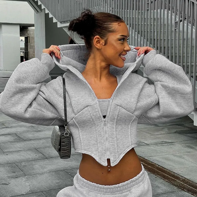 

YUZHEXI Long-sleeved Fleece Zipper Cardigan Hooded Sweatshirt Casual Jacket Women Fashion Streetwear Grey White Fall Outfit